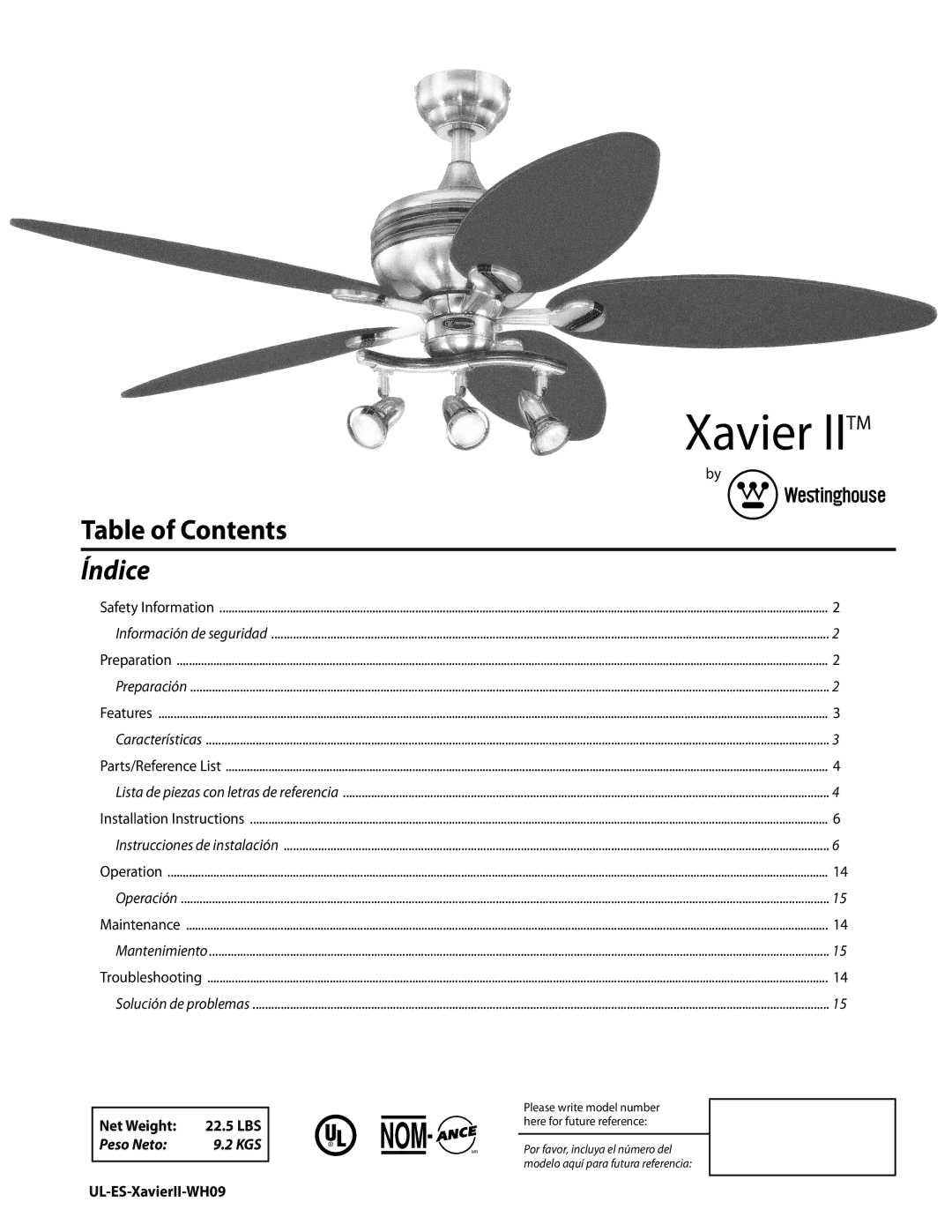 Westinghouse WH09 manual Xavier Iitm, Peso Neto 