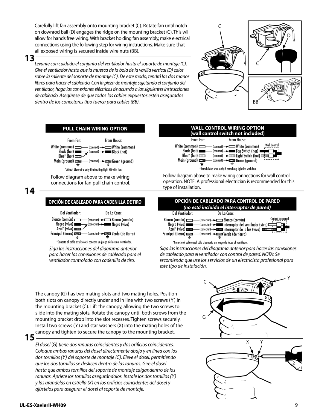 Westinghouse WH09 manual No está incluido el interruptor de pared 