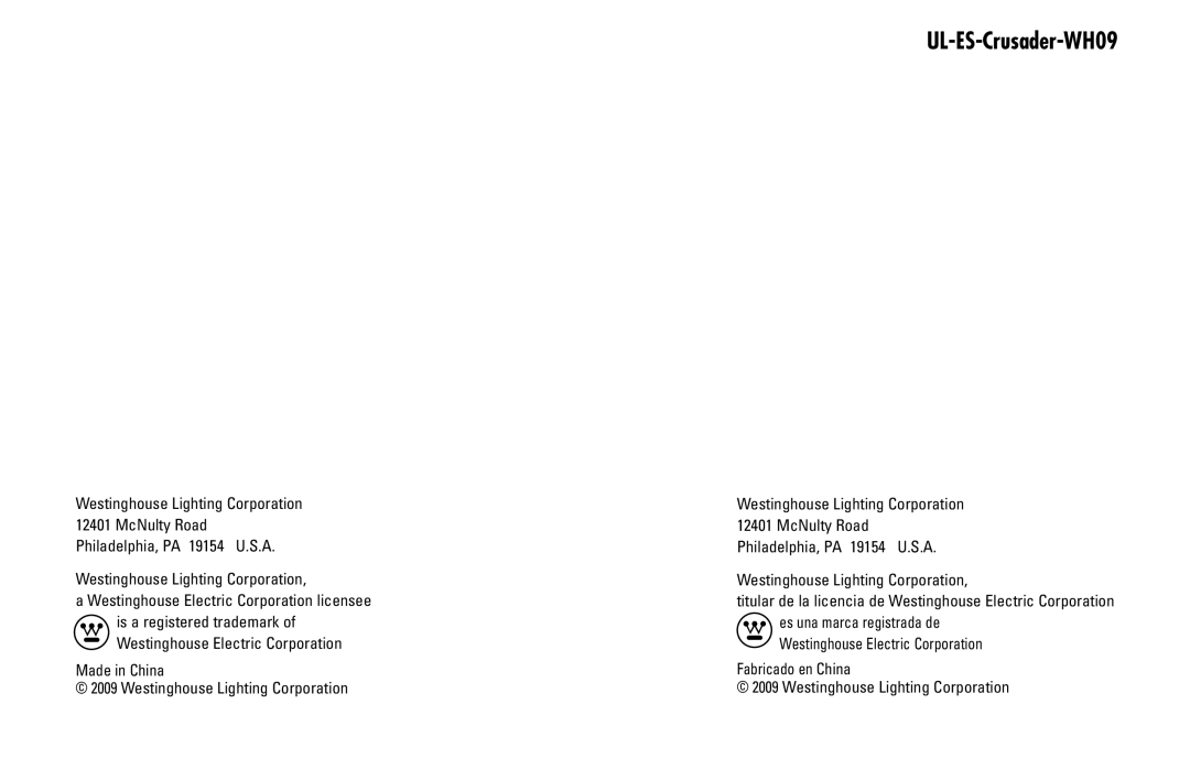 Westinghouse owner manual UL-ES-Crusader-WH09, Westinghouse Lighting Corporation 