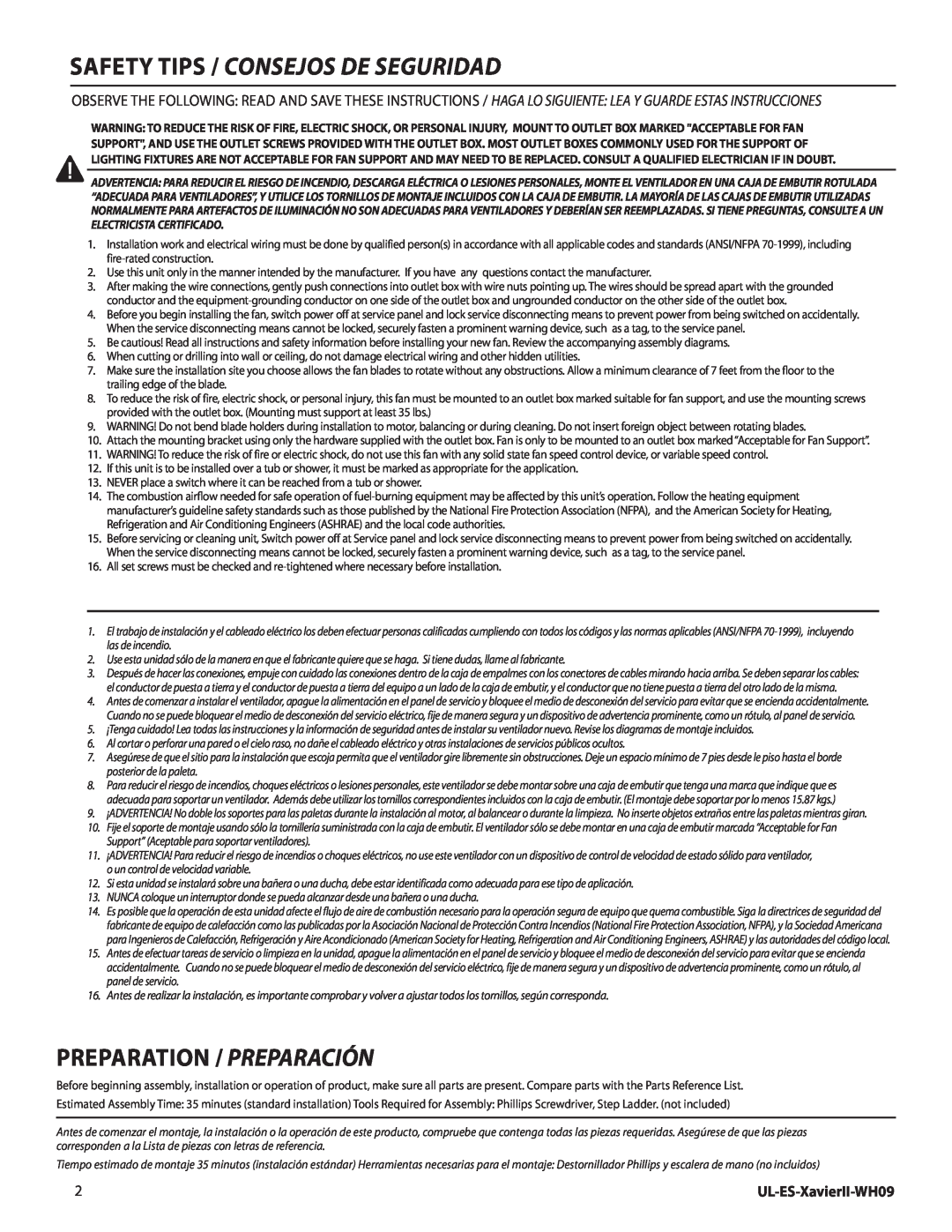 Westinghouse manual Safety tips / Consejos de seguridad, Preparation / Preparación, UL-ES-XavierII-WH09 