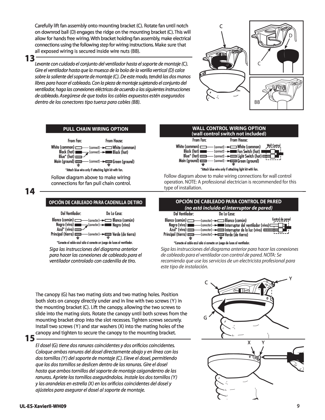Westinghouse manual dentro de los conectores tipo tuerca para cables BB, Pull Chain Wiring Option, UL-ES-XavierII-WH09 