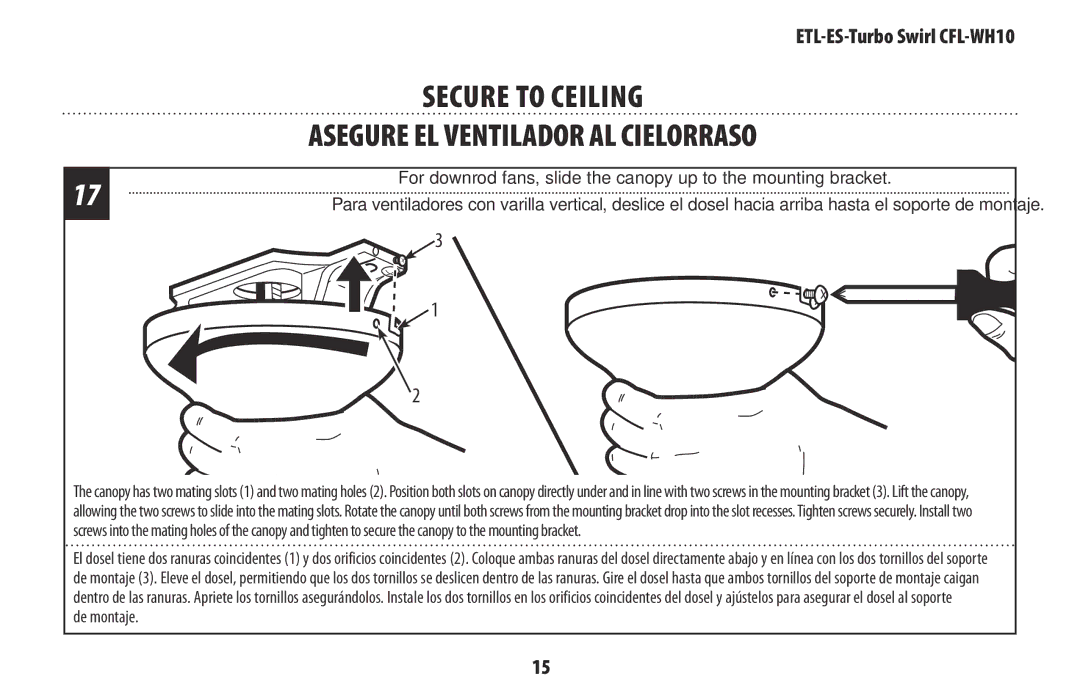 Westinghouse WH10 owner manual Secure To Ceiling Asegure el ventilador al cielorraso 