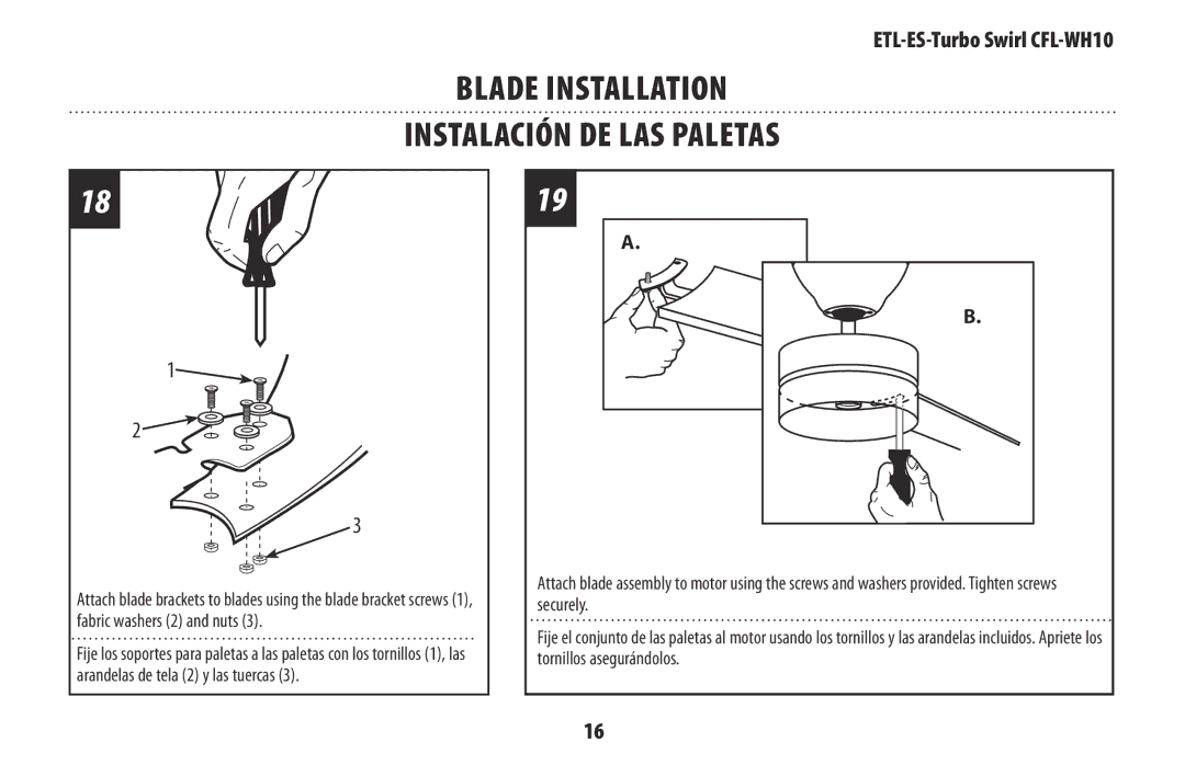 Westinghouse WH10 owner manual Blade Installation Instalación de las paletas 