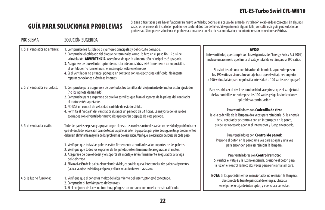 Westinghouse WH10 owner manual Guía para solucionar problemas 