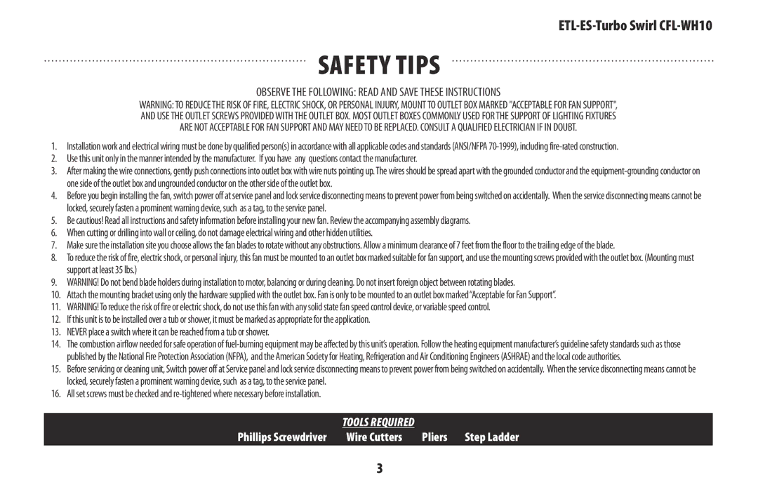 Westinghouse WH10 owner manual Safety tips 