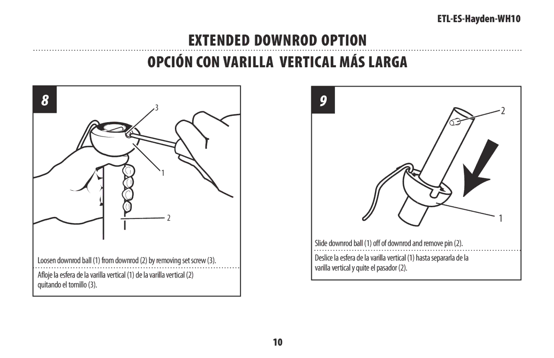 Westinghouse WH10 owner manual Loosen downrod ball 1 from downrod 2 by removing set screw 