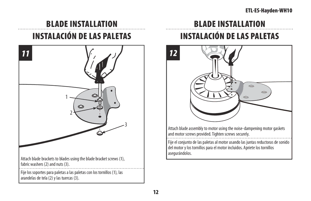 Westinghouse WH10 owner manual Blade Installation Instalación de las paletas 