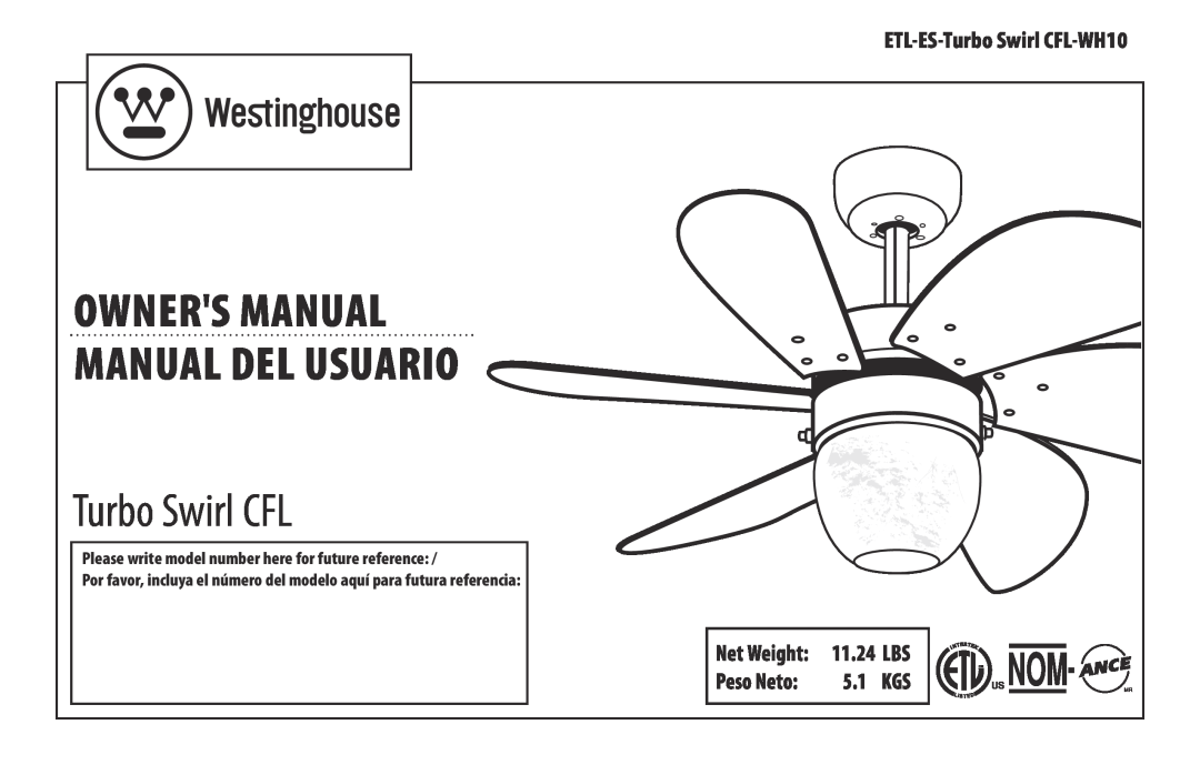 Westinghouse owner manual ETL-ES-Hayden-WH10, 9.43, 4.28, Peso Neto, Net Weight 