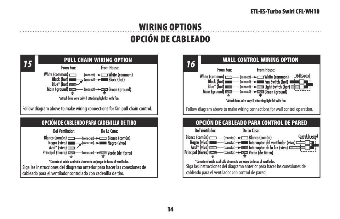 Westinghouse owner manual wiring OPTIONS OPCIÓN DE CABLEADO, ETL-ES-TurboSwirl CFL-WH10, Pull Chain Wiring Option 