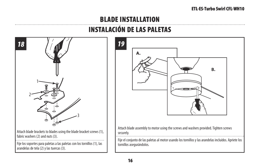 Westinghouse owner manual Blade Installation Instalación de las paletas, ETL-ES-TurboSwirl CFL-WH10 