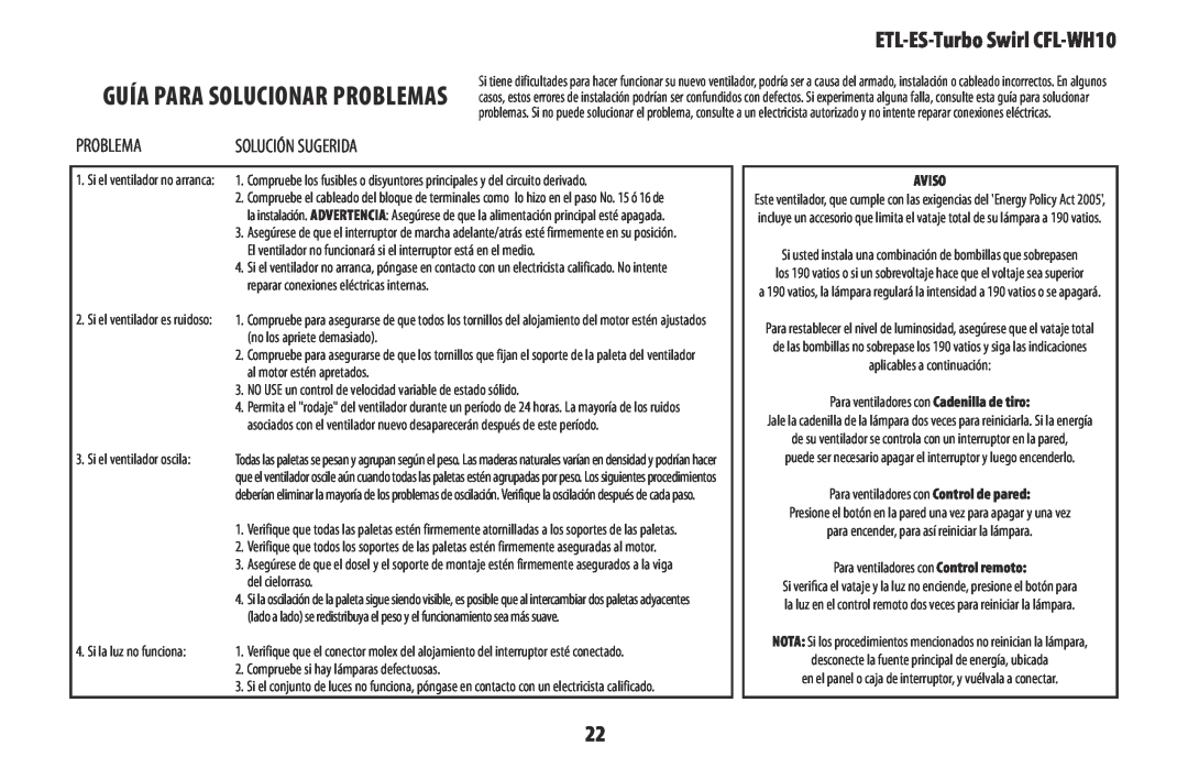 Westinghouse owner manual Problema, Guía para solucionar problemas, ETL-ES-TurboSwirl CFL-WH10, Aviso 