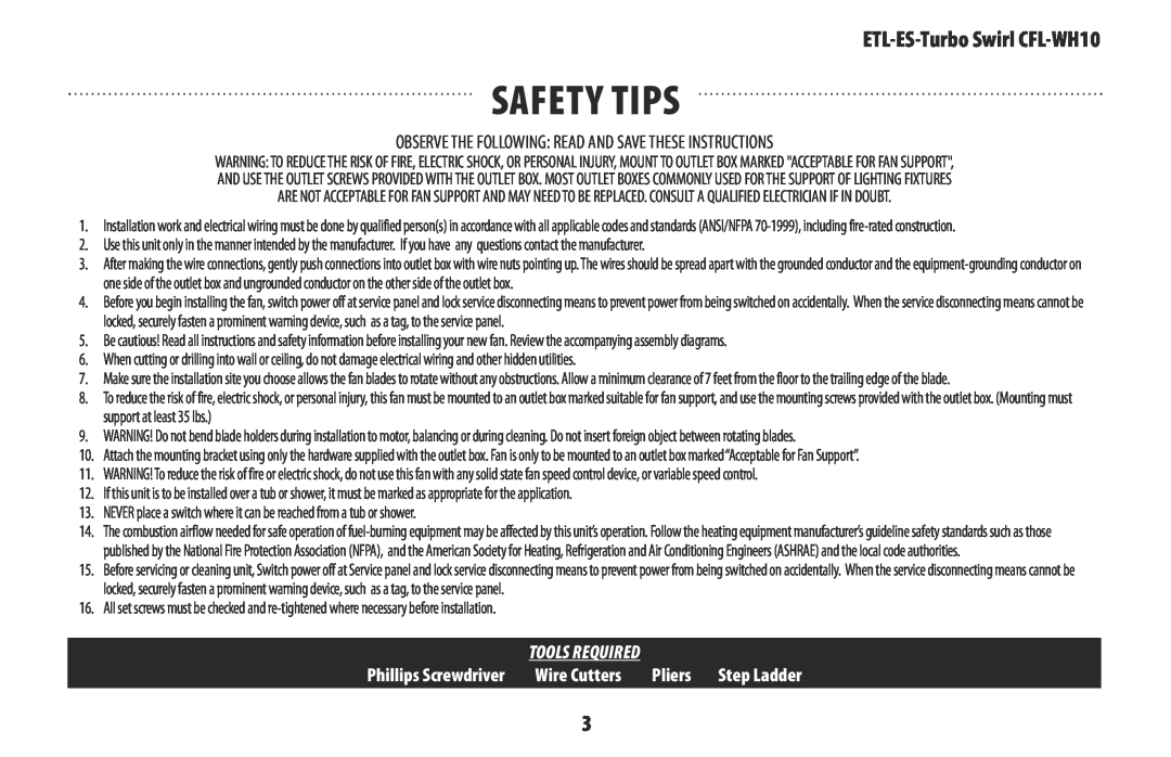 Westinghouse owner manual Safety tips, ETL-ES-TurboSwirl CFL-WH10, Wire Cutters, Pliers 