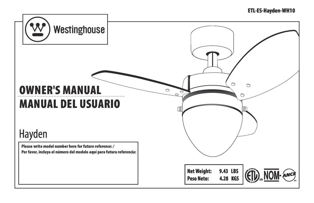 Westinghouse owner manual Peso Neto, ETL-ES-TurboSwirl CFL-WH10, Net Weight, 11.24 LBS, 5.1 KGS, Turbo Swirl CFL 