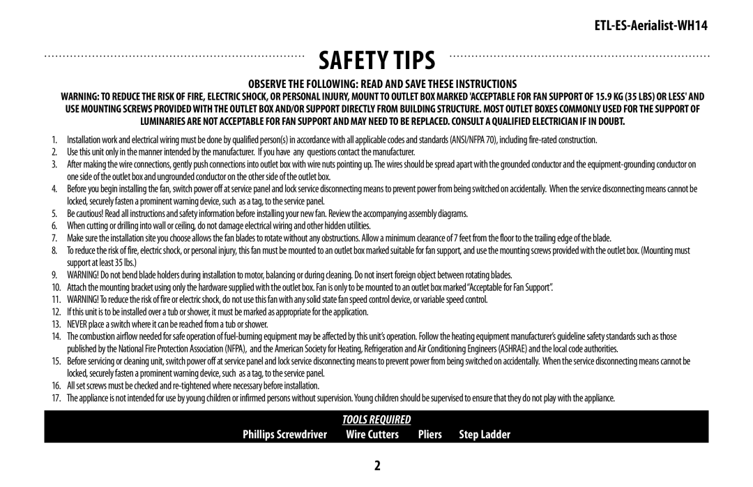 Westinghouse WH14 owner manual Safety tips 