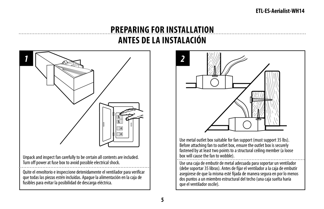 Westinghouse WH14 owner manual PREPARING for installation Antes de la instalación 