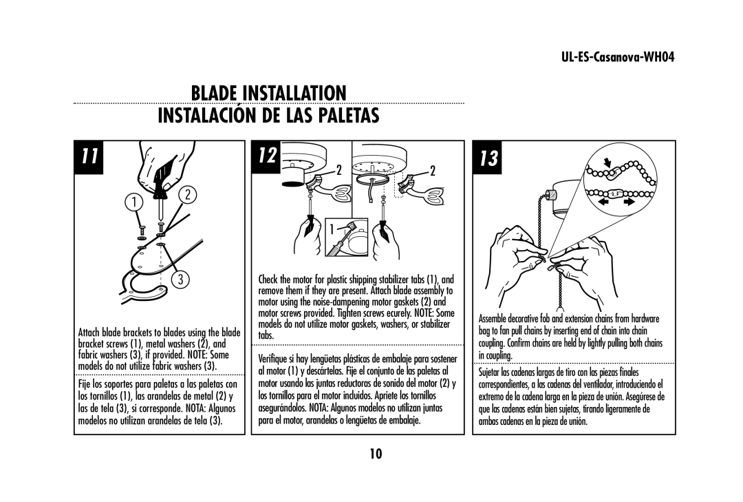 Westinghouse WHO4 owner manual Blade Installation Instalación DE LAS Paletas 