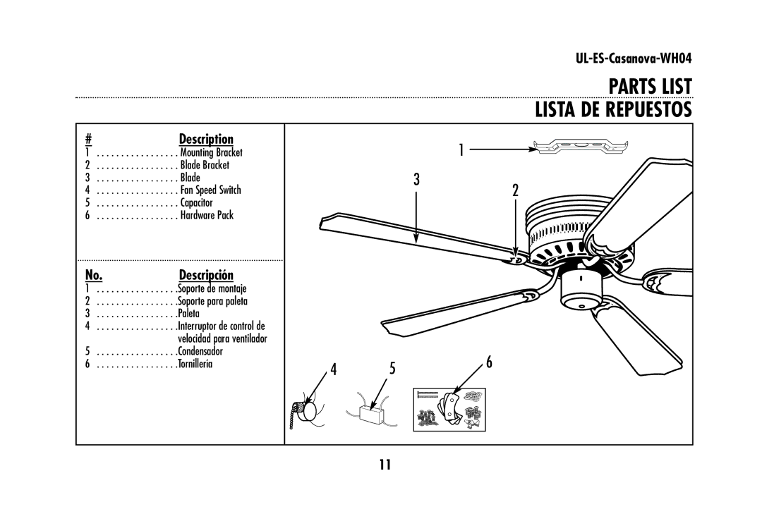 Westinghouse WHO4 owner manual Parts List Lista DE Repuestos, Descripción 