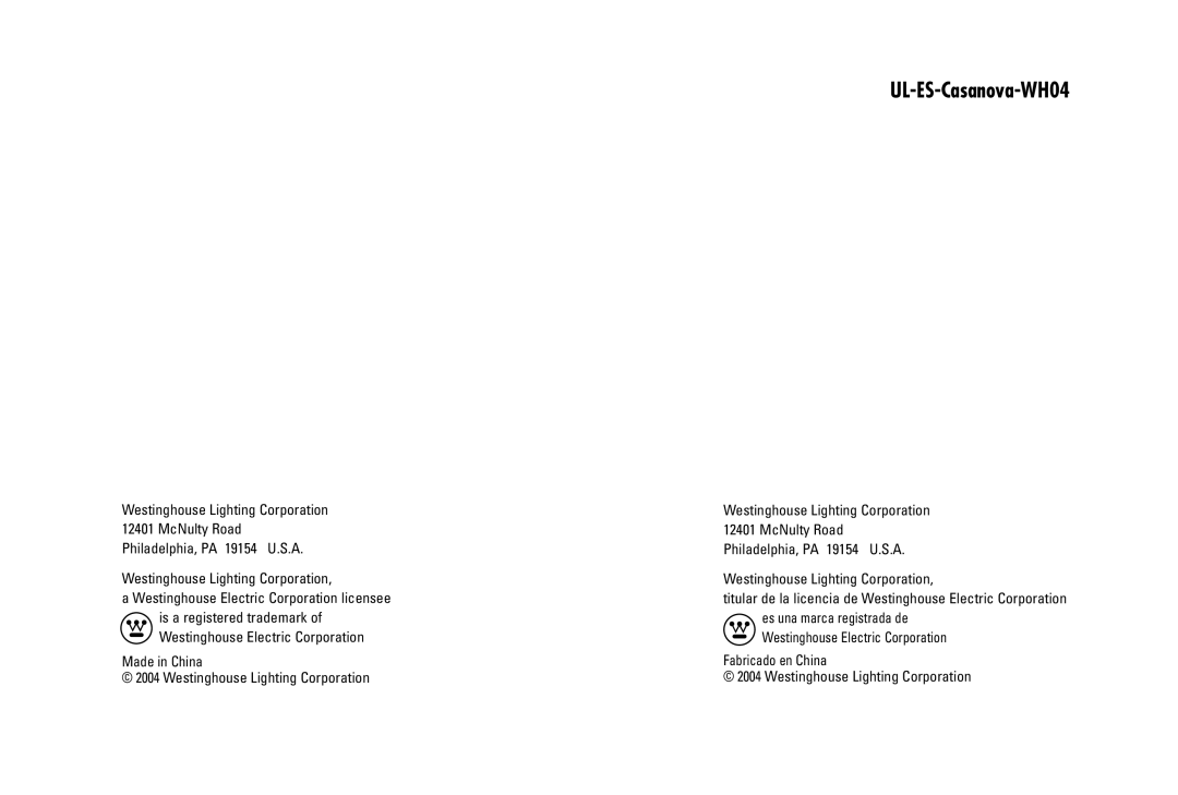 Westinghouse WHO4 owner manual UL-ES-Casanova-WH04 