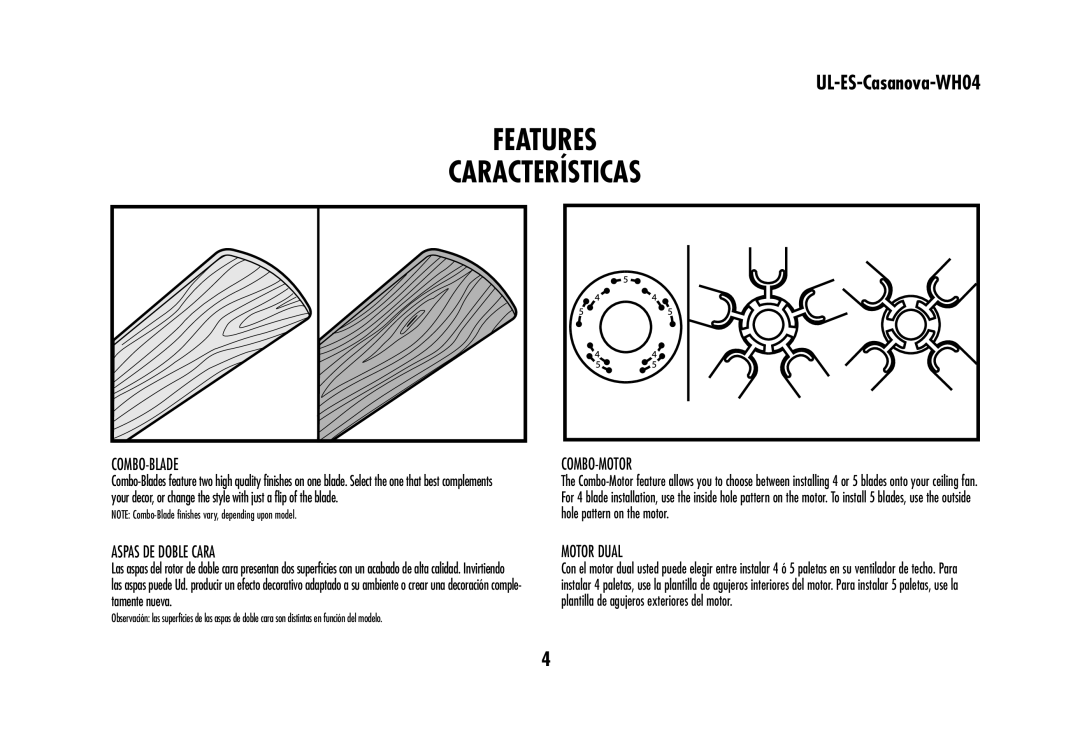 Westinghouse WHO4 owner manual Combo-Blade, Combo-Motor, Aspas DE Doble Cara, Motor Dual 