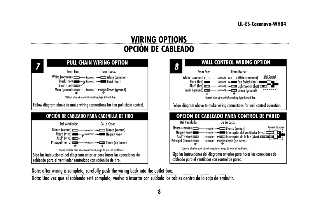 Westinghouse WHO4 owner manual Wiring Options Opción DE Cableado, Wall Control Wiring Option 