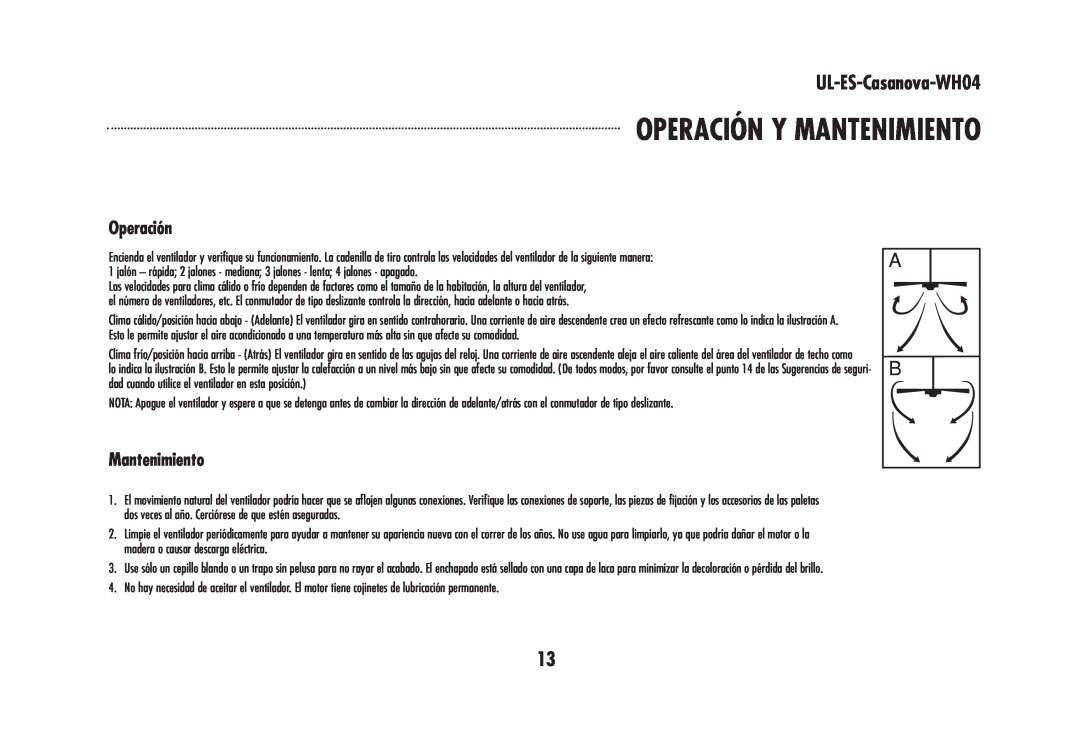 Westinghouse WHO4 owner manual Operación Y Mantenimiento, UL-ES-Casanova-WH04 