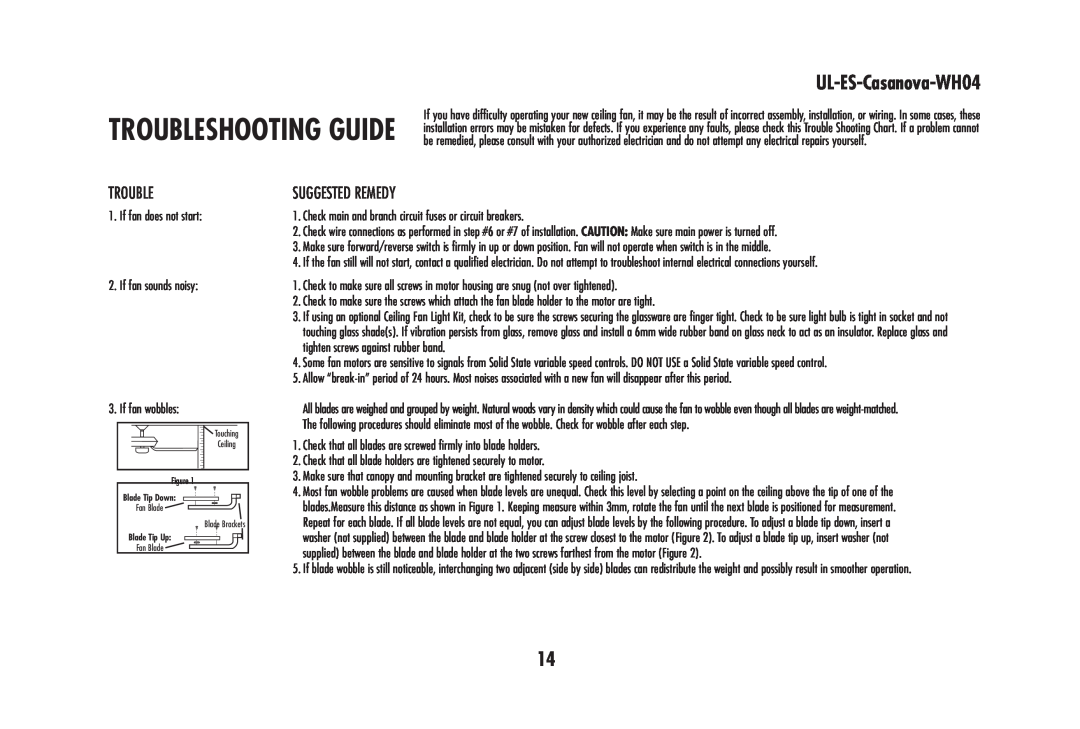 Westinghouse WHO4 owner manual Trouble, Suggested Remedy, UL-ES-Casanova-WH04 
