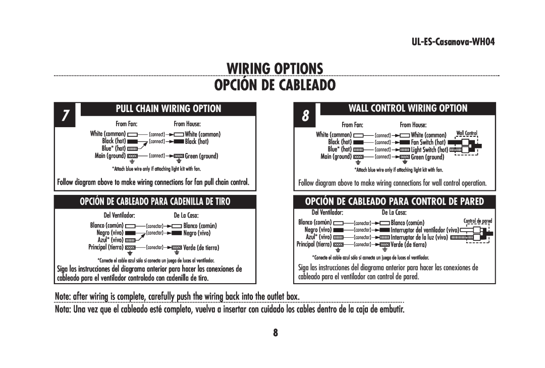 Westinghouse WHO4 owner manual Wiring Options Opción De Cableado, Pull Chain Wiring Option, UL-ES-Casanova-WH04 