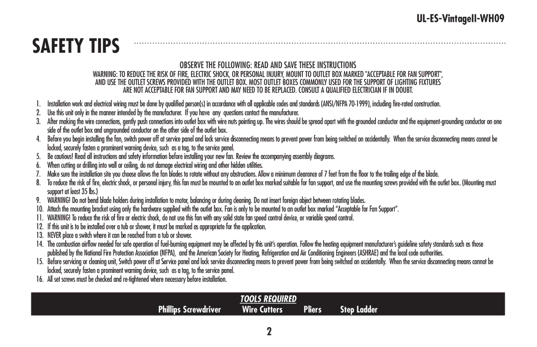 Westinghouse who9 owner manual Safety tips 