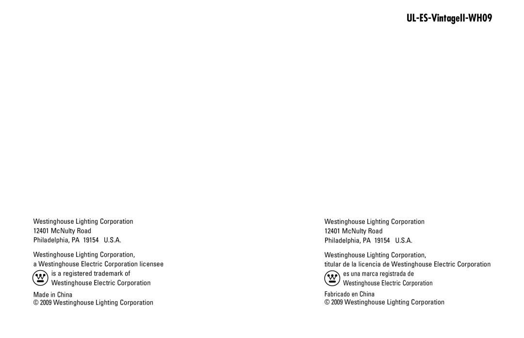 Westinghouse who9 owner manual UL-ES-VintageII-WH09 