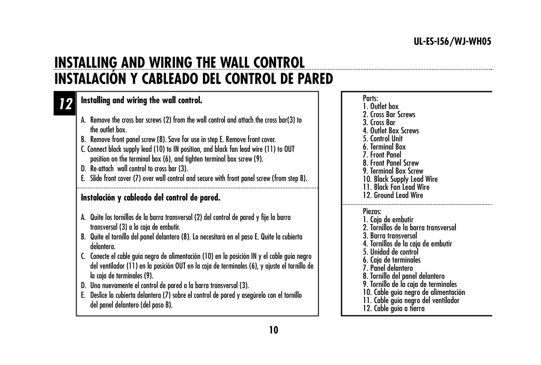 Westinghouse WJ-WH05 owner manual Installing and wiring the wall control 