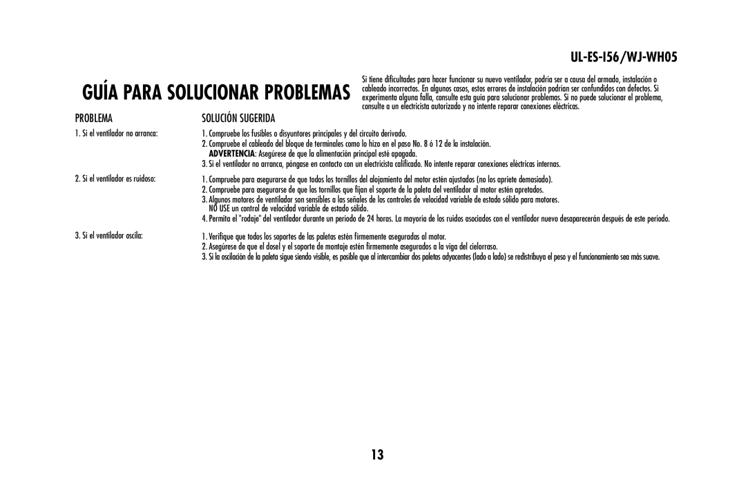 Westinghouse WJ-WH05 owner manual Problema, Solución Sugerida 