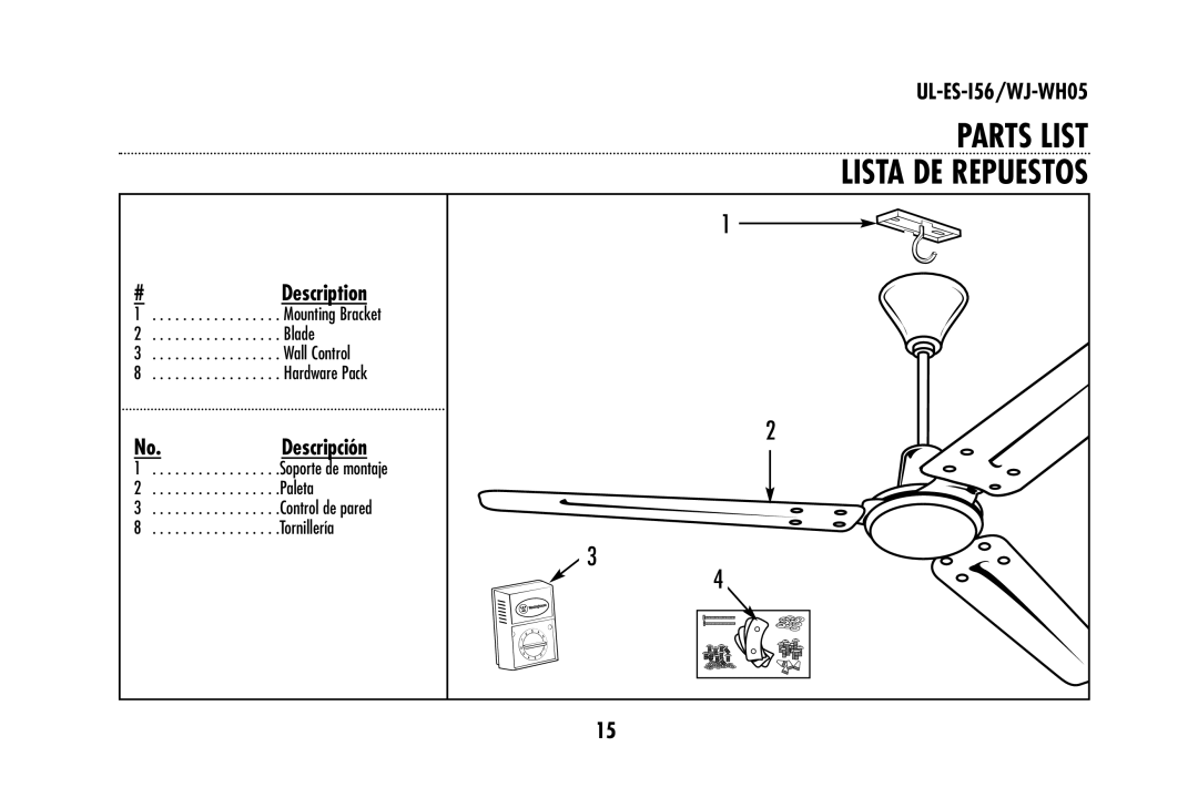 Westinghouse WJ-WH05 owner manual Parts List Lista DE Repuestos 