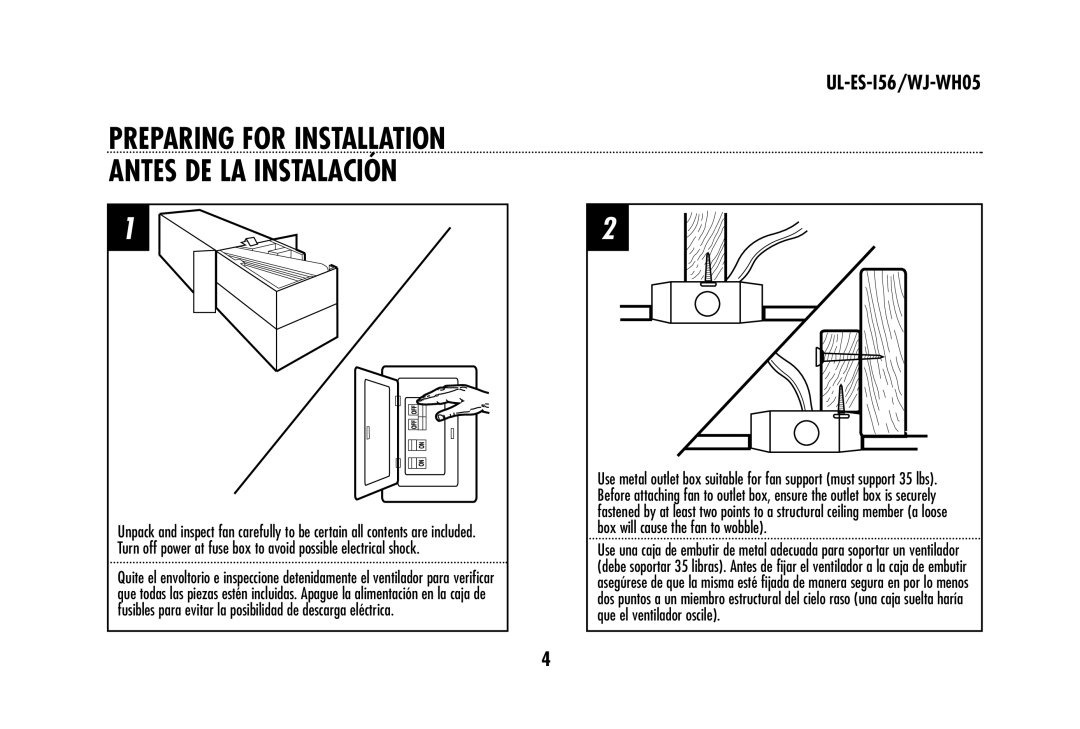 Westinghouse WJ-WH05 owner manual Preparing for Installation Antes DE LA Instalación 