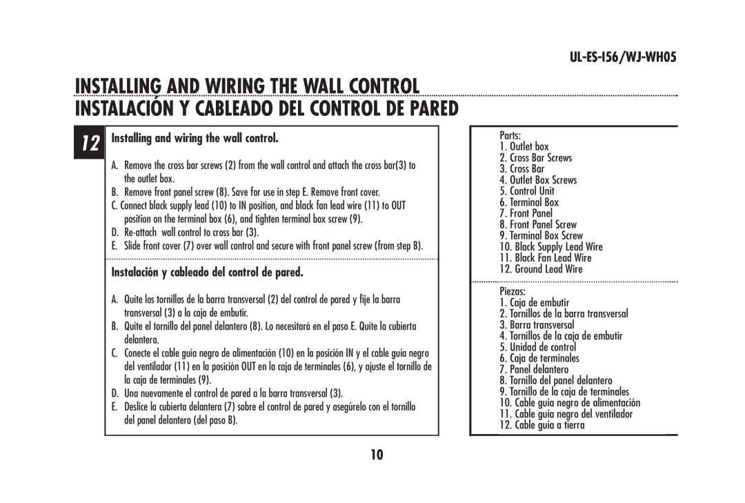 Westinghouse UL-ES-I56/WJ-WH05, Installing and wiring the wall control, Instalación y cableado del control de pared 