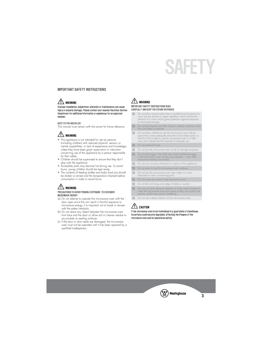 Westinghouse WMG281SF, WMS281SF, WMS281WF user manual Safety, IMpORTANT SAFETY INSTRUCTIONS 