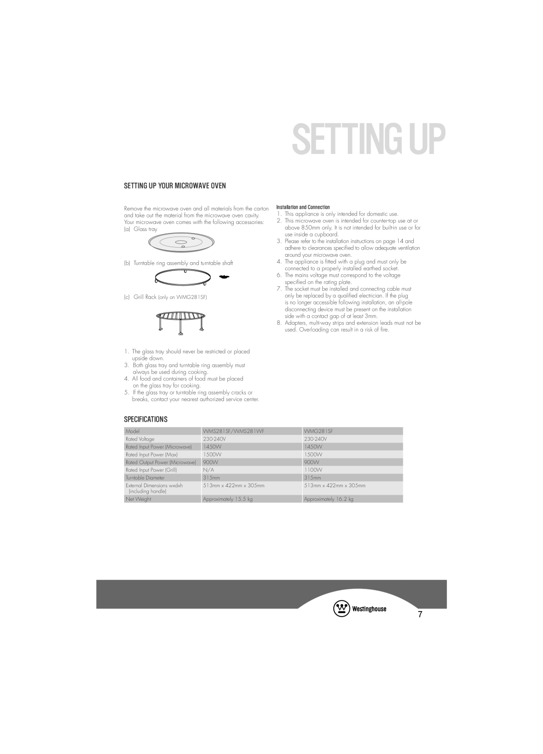 Westinghouse WMS281SF, WMG281SF, WMS281WF user manual SETTINGUp, SETTING Up YOUR MICROWAVE OVEN, SpECIFICATIONS 
