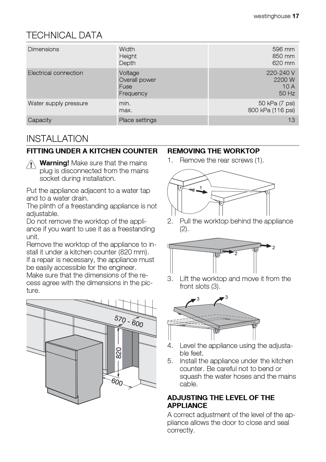 Westinghouse WSF6602 user manual Technical Data, Installation, Fitting Under a Kitchen Counter, Removing the Worktop 