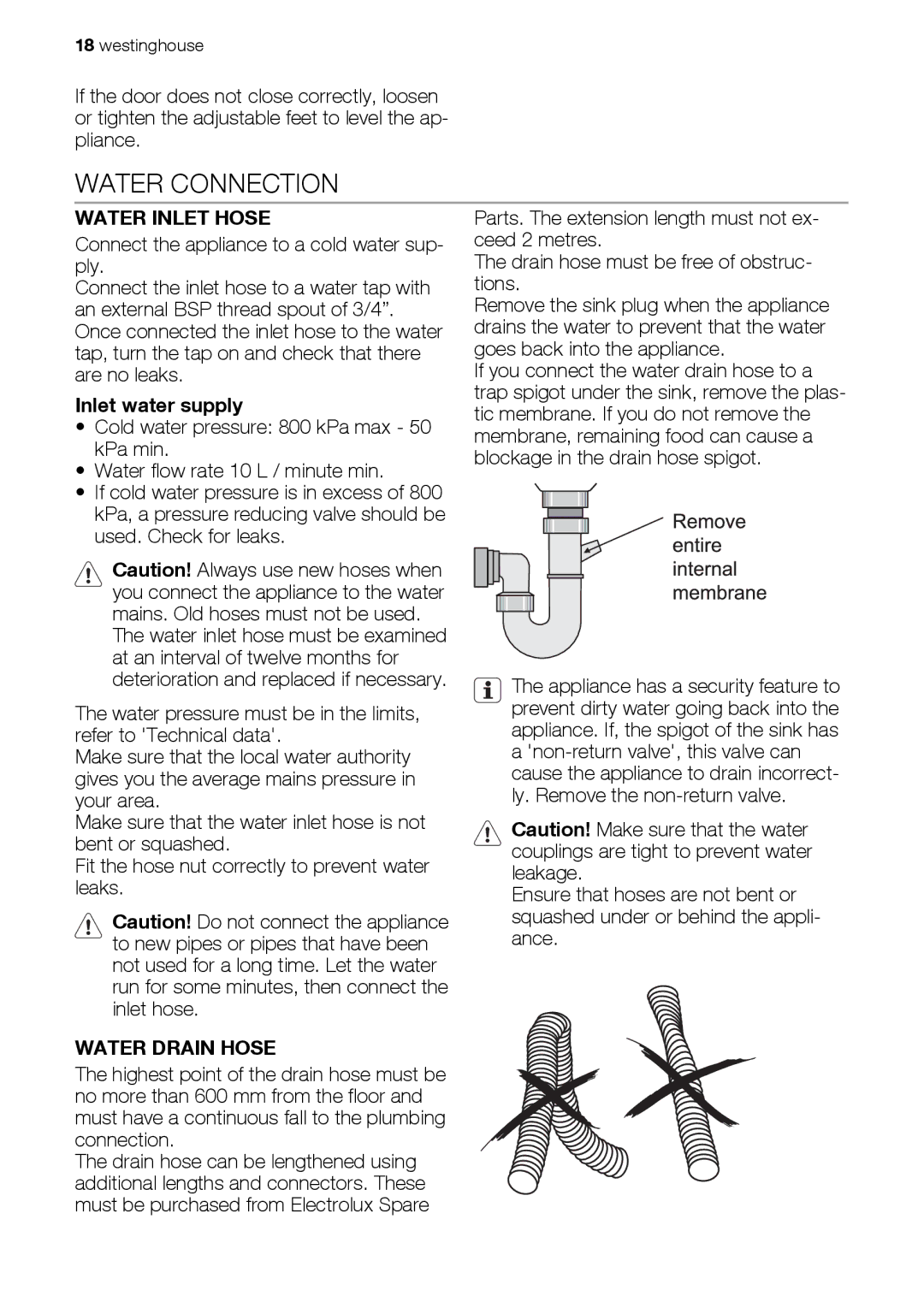 Westinghouse WSF6602 user manual Water Connection, Water Inlet Hose, Inlet water supply, Water Drain Hose 