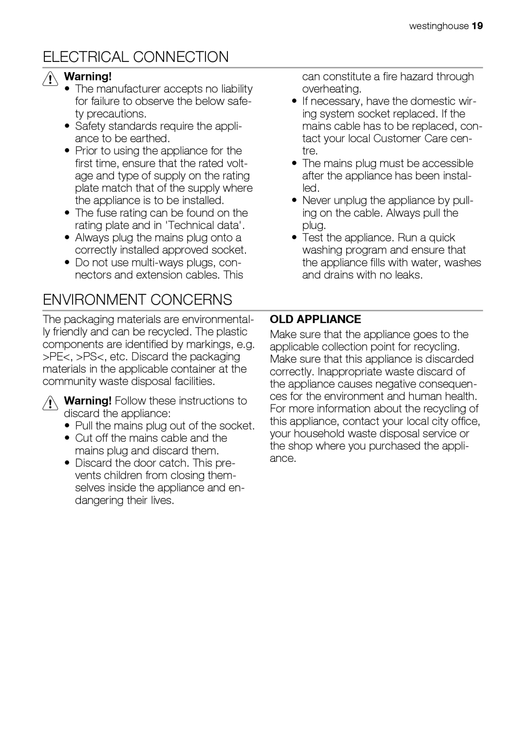 Westinghouse WSF6602 user manual Electrical Connection, Environment Concerns, OLD Appliance 