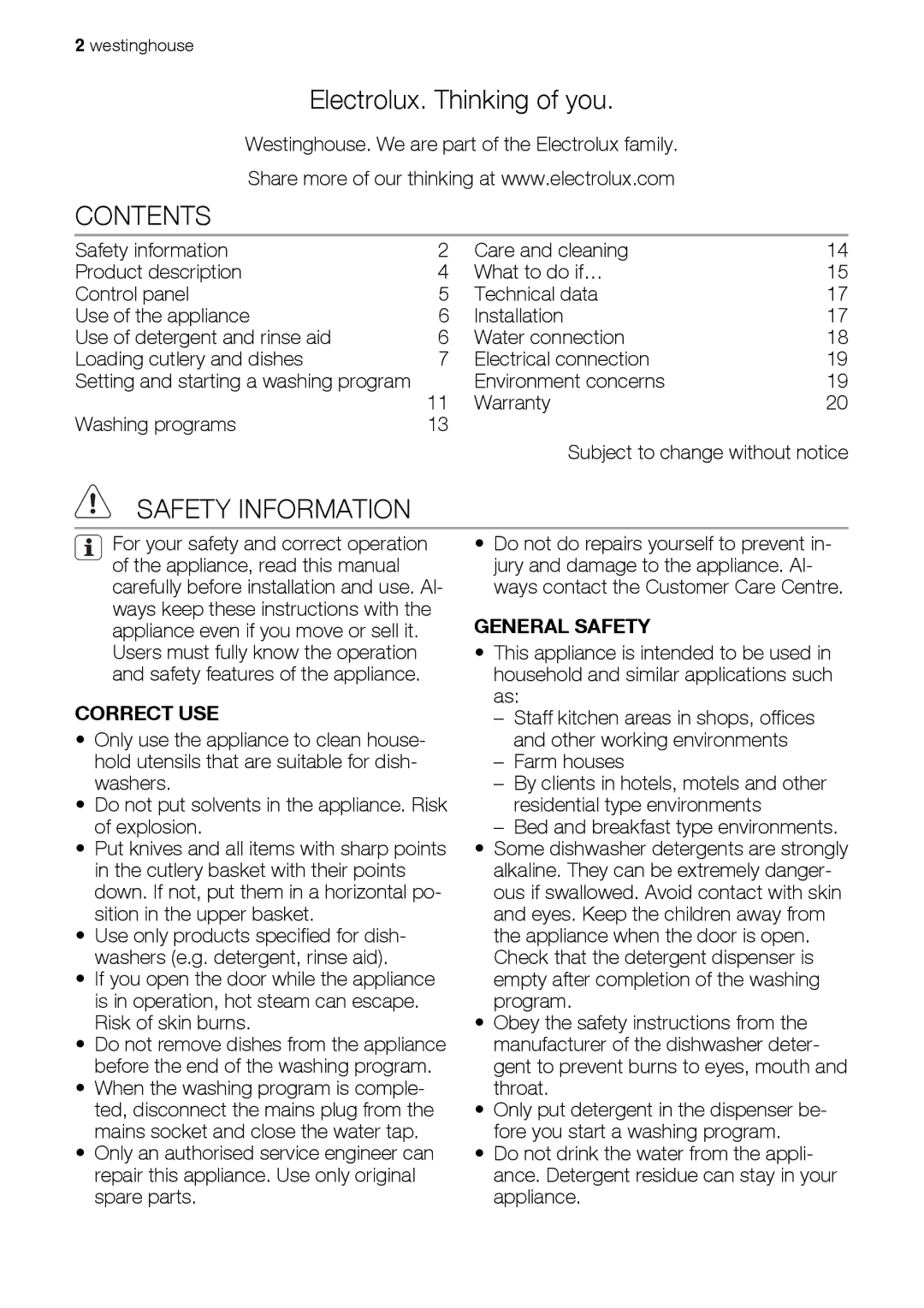 Westinghouse WSF6602 user manual Contents, Safety Information 