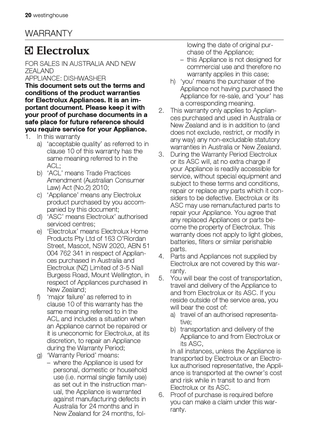 Westinghouse WSF6602 user manual ‘Warranty Period’ means 