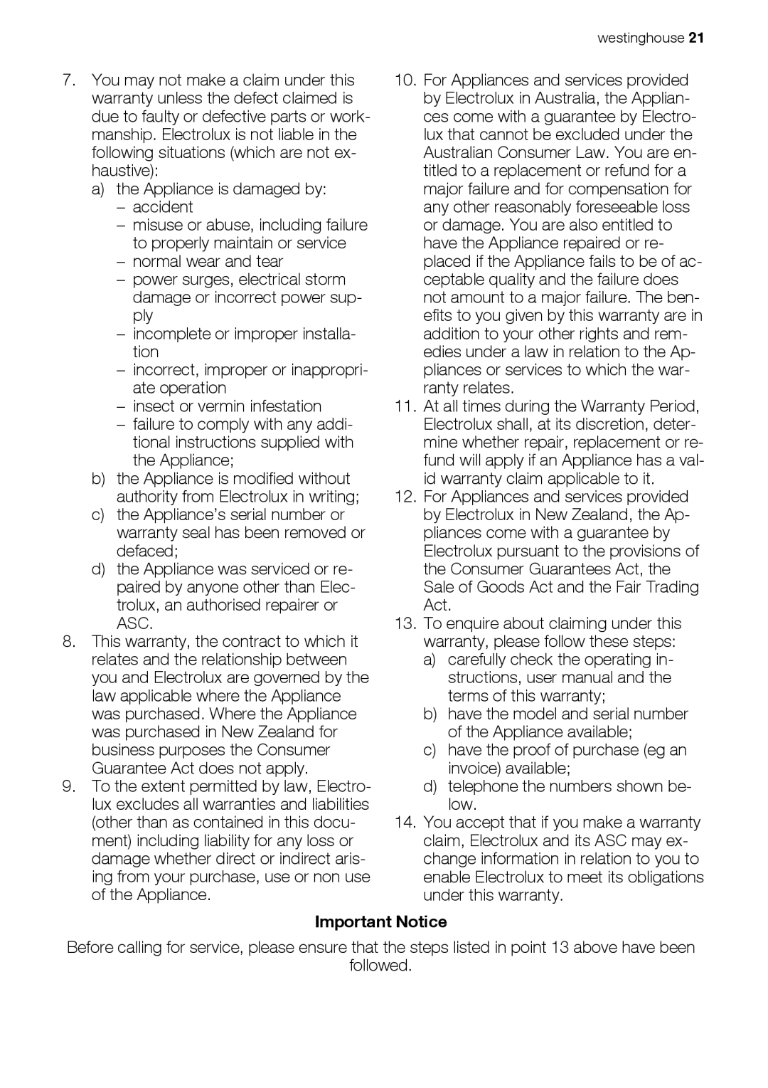 Westinghouse WSF6602 user manual Important Notice 