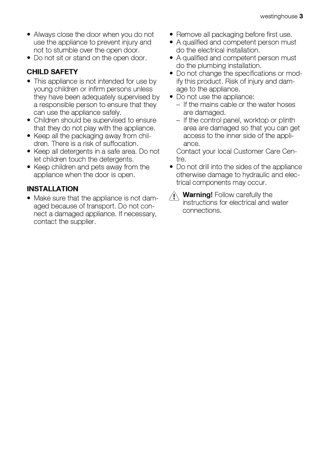 Westinghouse WSF6602 user manual Child Safety, Installation 