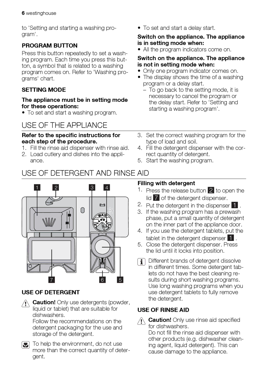 Westinghouse WSF6602 user manual USE of the Appliance, USE of Detergent and Rinse AID 