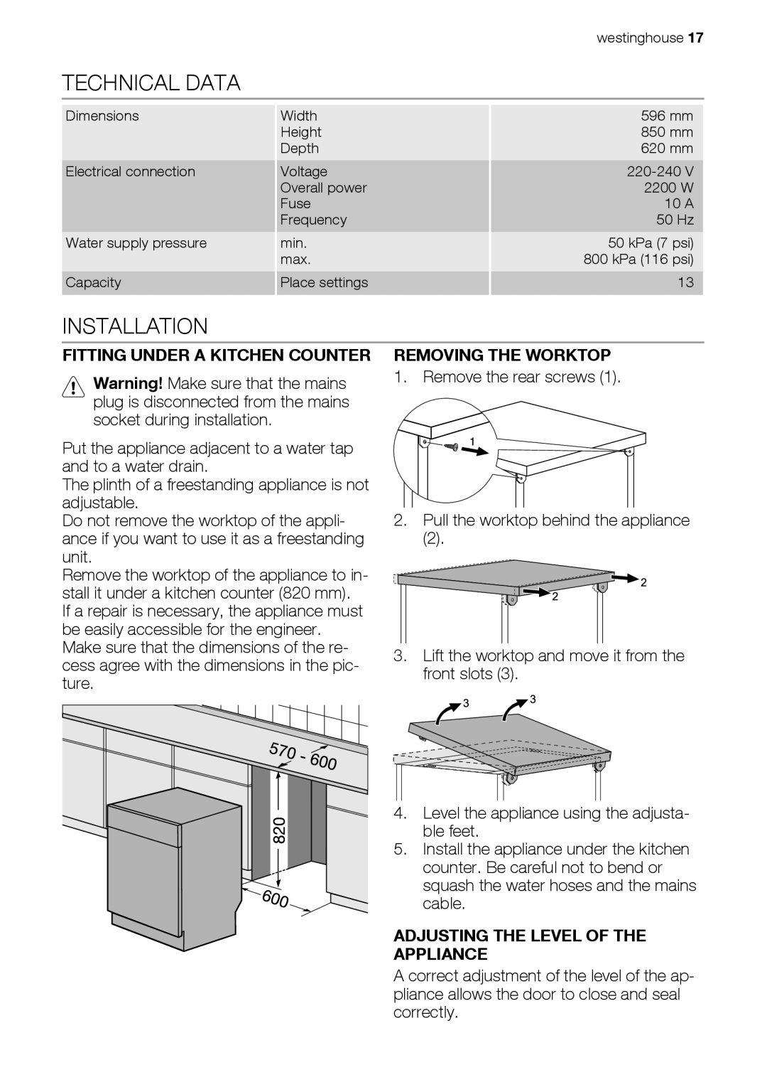 Westinghouse WSF6602 user manual Technical Data, Installation, Fitting Under A Kitchen Counter, Removing The Worktop 