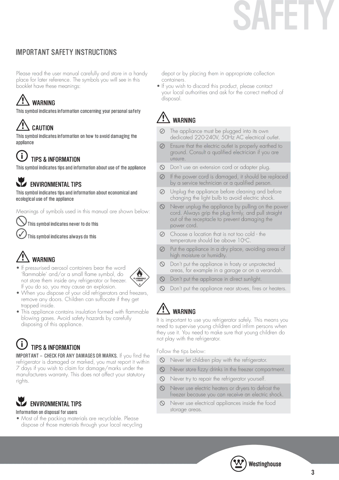 Westinghouse WTB3100PA, WTB3400WA, WTB3100WA Safety, Important safety instructions, Information on disposal for users 