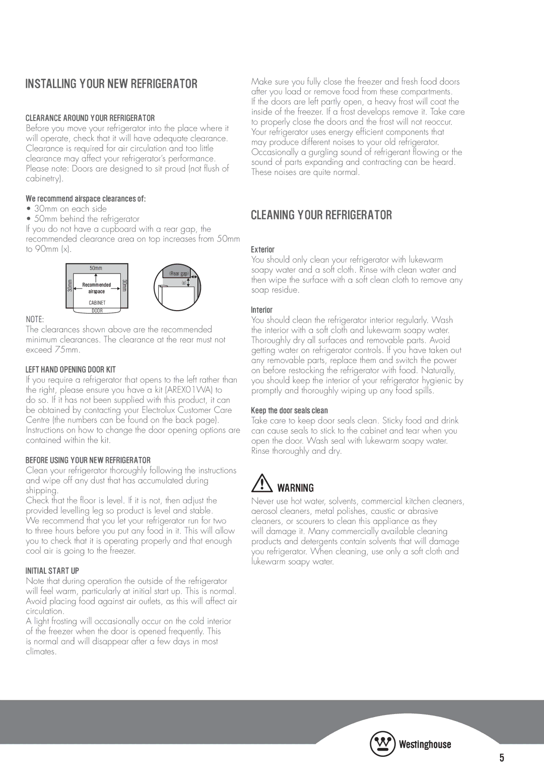 Westinghouse WTB2800PA, WTB3400WA Installing your new refrigerator, Cleaning your refrigerator, Keep the door seals clean 