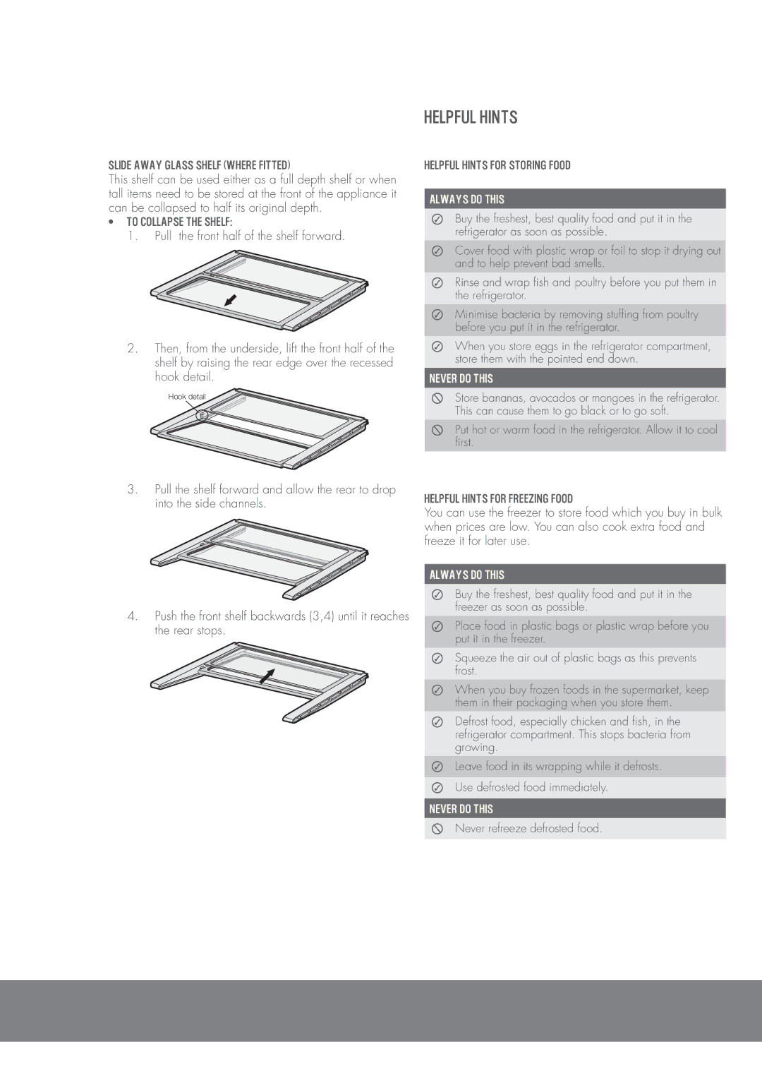 Westinghouse WTB2300WA, WTB3400WA, WTB3100WA Slide away glass shelf where fitted, Helpful hints for storing food 