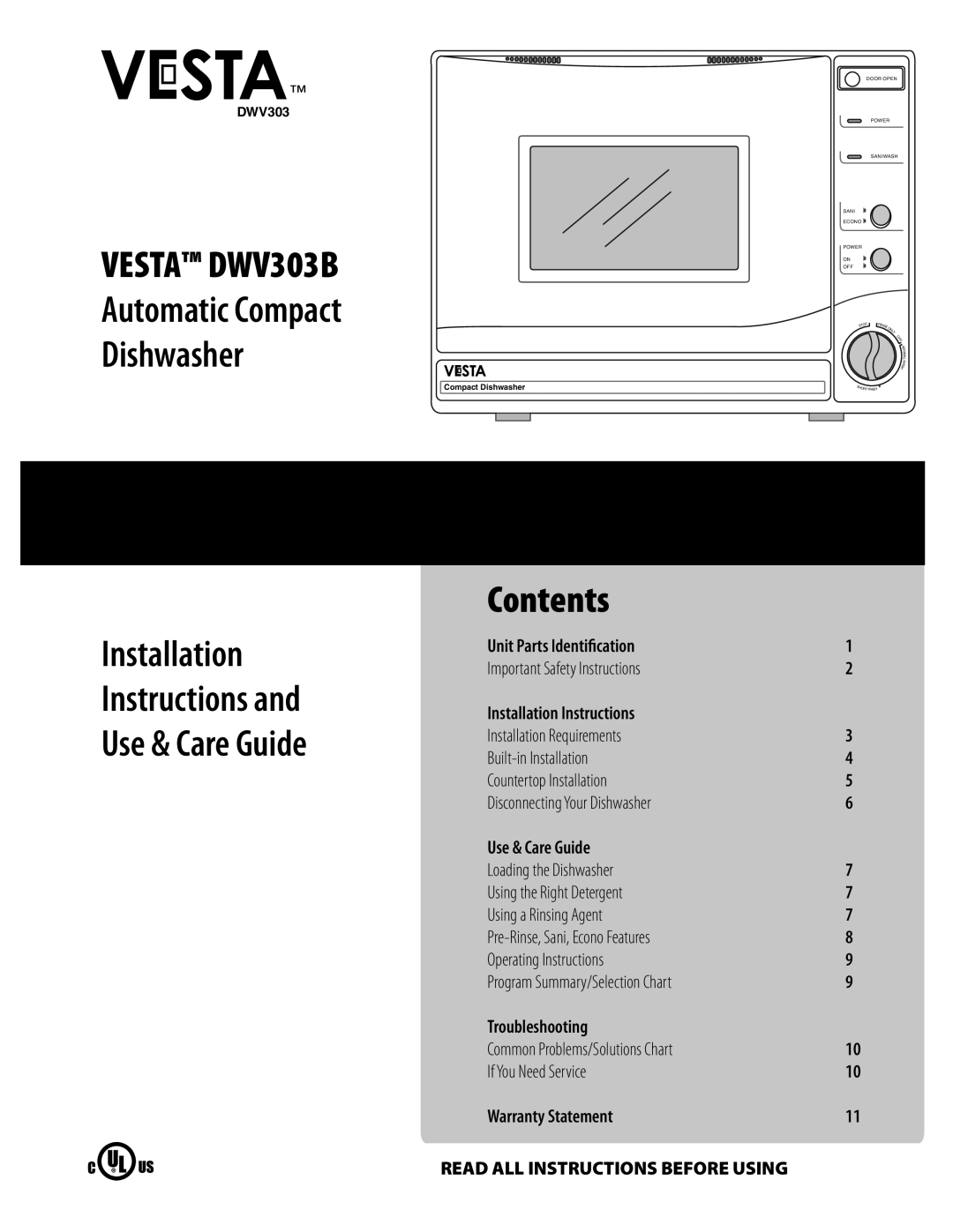 Westland Sales manual Vesta DWV303B 