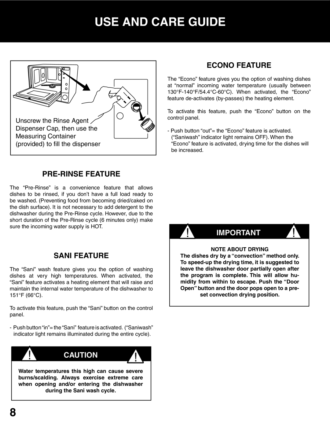 Westland Sales DWV303B manual Econo Feature, PRE-RINSE Feature, Sani Feature 